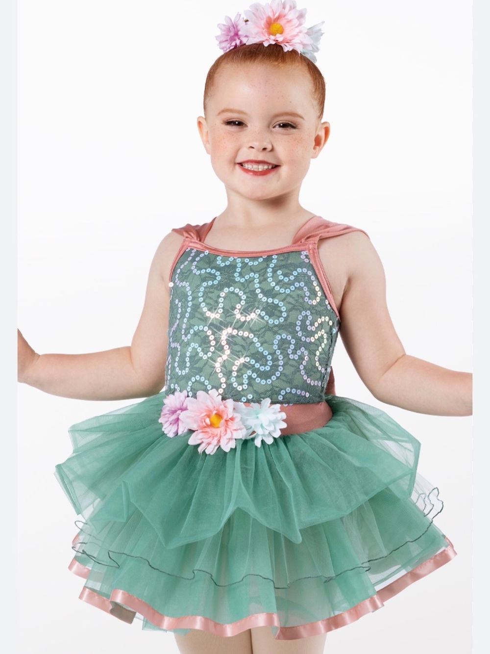 Weissman Green and Rose Gold Sequin Tulle Dance Costume